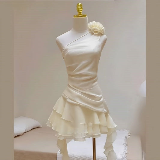 Cute A line One Shoulder White Chiffon Summer Homecoming Dress Hoco Dress Mini 16th Birthday Outfit Cocktail Dresses DP2090