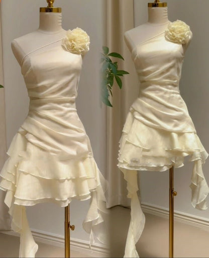 Cute A line One Shoulder White Chiffon Summer Homecoming Dress Hoco Dress Mini 16th Birthday Outfit Cocktail Dresses DP2090