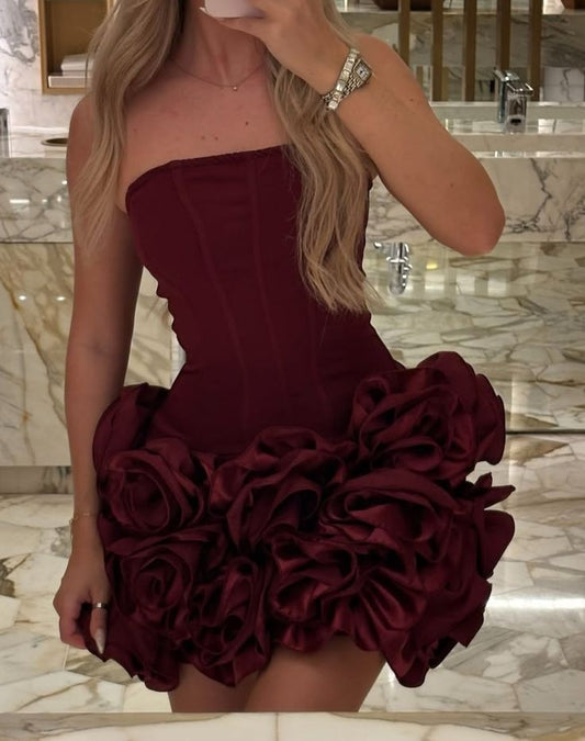 Sexy Sheath Strapless Burgundy Satin Short Homecoming Dress Summer Hoco Dresses Cocktail Dress Birthday Outfits DP2095