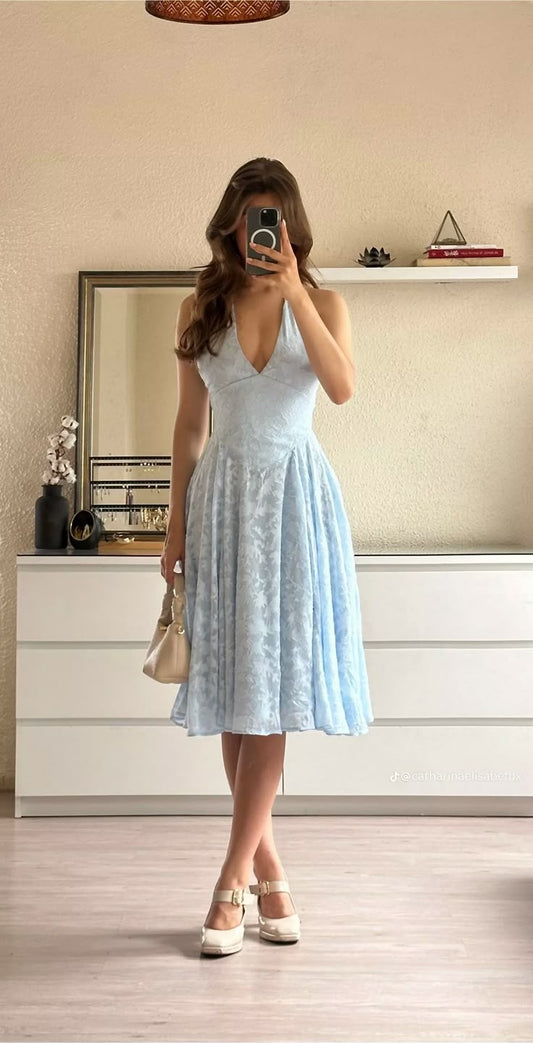 Cute A line Halter Blue Summer Knee Length Holiday Dress Hoco Dress 18th Birthday Outfit Cocktail Dresses DP2107
