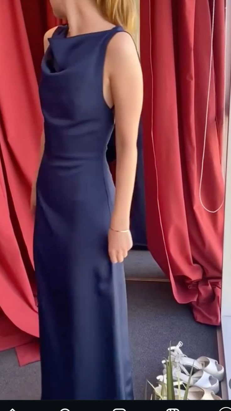 Elegant Sheath Navy Blue Satin Prom Dresses Formal Summer Wedding Guest Dresses Wedding Guest Outfits DP2112