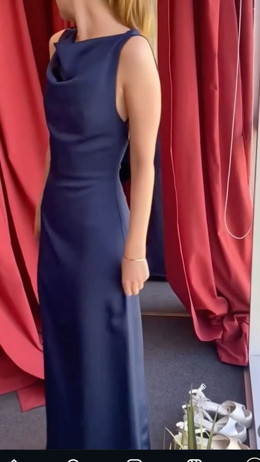 Elegant Sheath Navy Blue Satin Prom Dresses Formal Summer Wedding Guest Dresses Wedding Guest Outfits DP2112