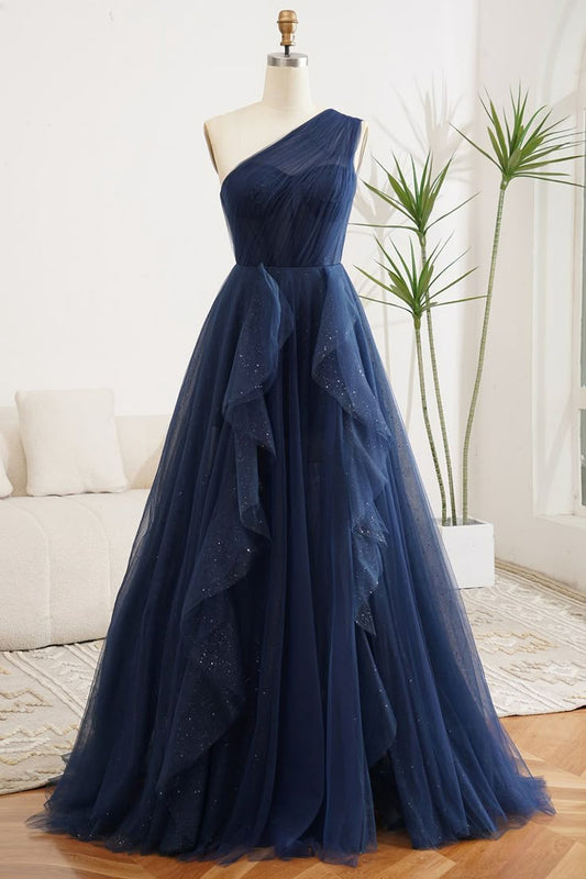 Gorgeous Ball Gown One Shoulder Navy Blue Tulle Party Prom Dresses Formal Summer Wedding Guest Dresses Wedding Guest Outfits DP2118