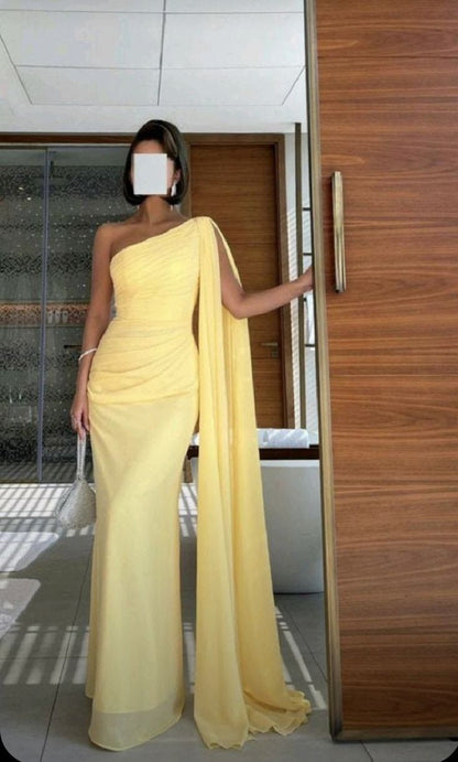 Gorgeous Mermaid One Shoulder Yellow Chiffon Party Prom Dresses Formal Summer Wedding Guest Dresses Wedding Guest Outfits DP2119