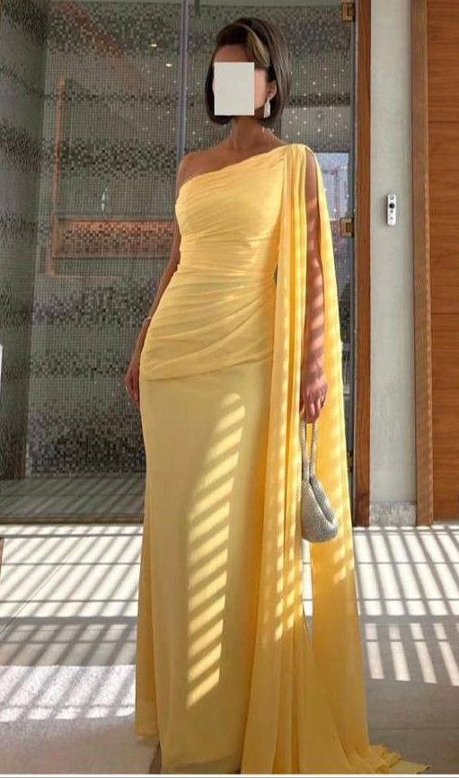 Gorgeous Mermaid One Shoulder Yellow Chiffon Party Prom Dresses Formal Summer Wedding Guest Dresses Wedding Guest Outfits DP2119