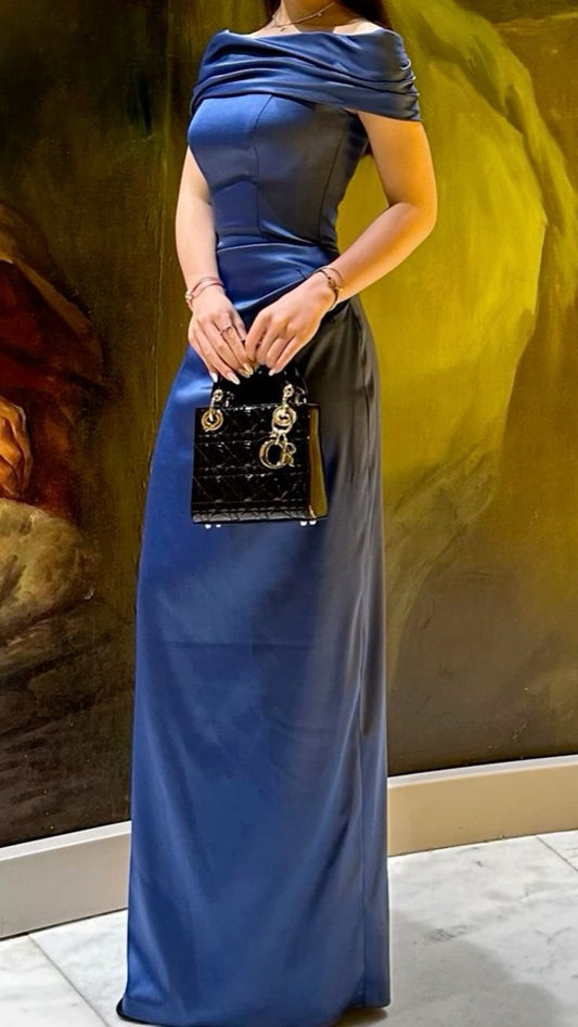 Elegant Sheath Off The Shoulder Navy Blue Satin Prom Dresses Formal Summer Wedding Guest Dresses Wedding Guest Outfits DP2125