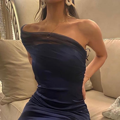Elegant Sheath One Shoulder Navy Blue Slit Satin Prom Dresses Formal Summer Wedding Guest Dresses Wedding Guest Outfits DP2154