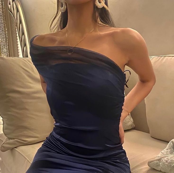 Elegant Sheath One Shoulder Navy Blue Slit Satin Prom Dresses Formal Summer Wedding Guest Dresses Wedding Guest Outfits DP2143