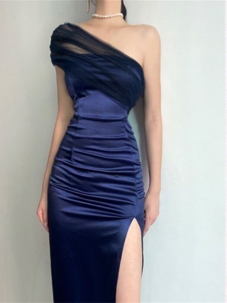 Elegant Sheath One Shoulder Navy Blue Slit Satin Prom Dresses Formal Summer Wedding Guest Dresses Wedding Guest Outfits DP2154