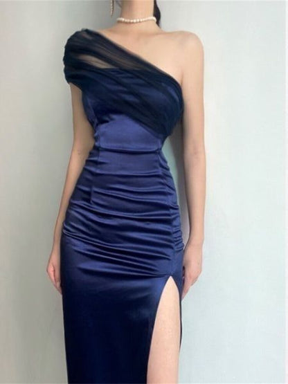 Elegant Sheath One Shoulder Navy Blue Slit Satin Prom Dresses Formal Summer Wedding Guest Dresses Wedding Guest Outfits DP2154