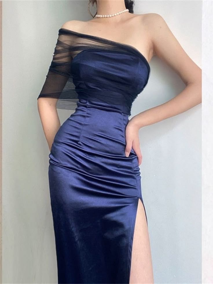 Elegant Sheath One Shoulder Navy Blue Slit Satin Prom Dresses Formal Summer Wedding Guest Dresses Wedding Guest Outfits DP2154