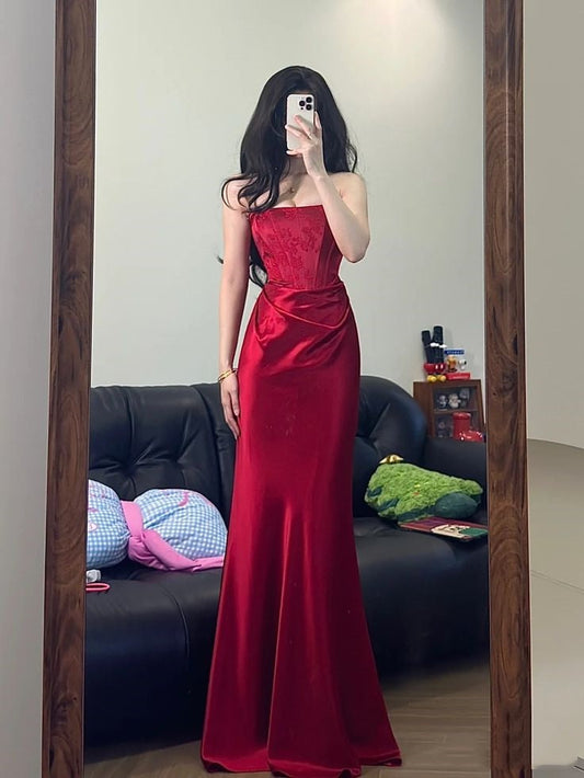 Elegant Sheath Strapless Red Satin Prom Dresses Formal Summer Wedding Guest Dresses Wedding Guest Outfits DP2156
