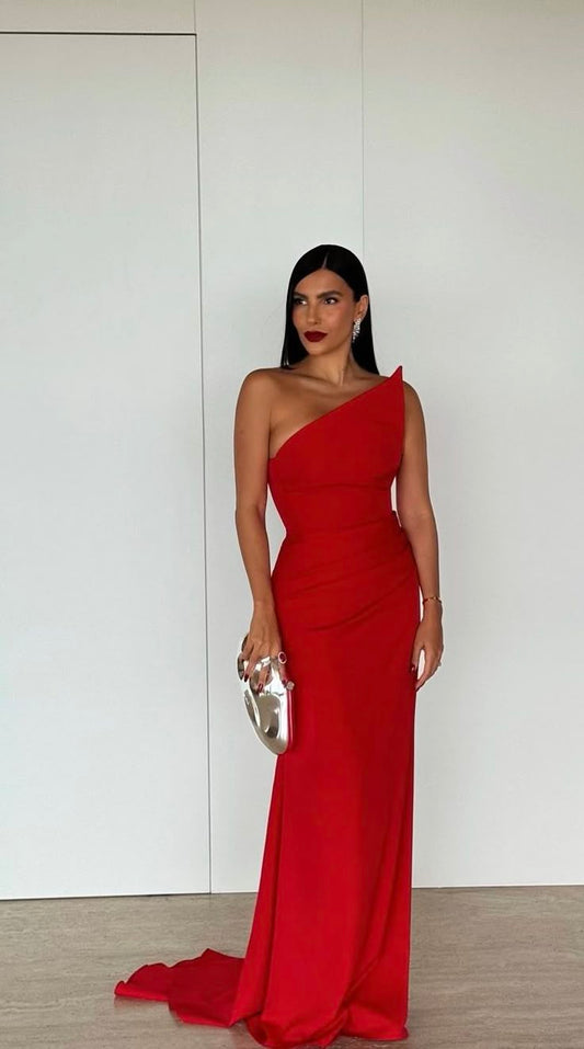Simple Sheath Strapless Red Satin Prom Dresses Formal Summer Wedding Guest Dresses Wedding Guest Outfits DP2174