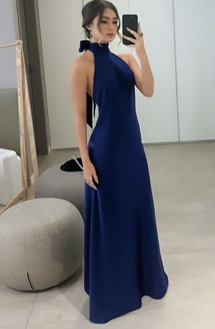 Sexy A line High Neck Royal Blue Satin Prom Dresses Formal Summer Wedding Guest Dresses Wedding Guest Outfits DP2212