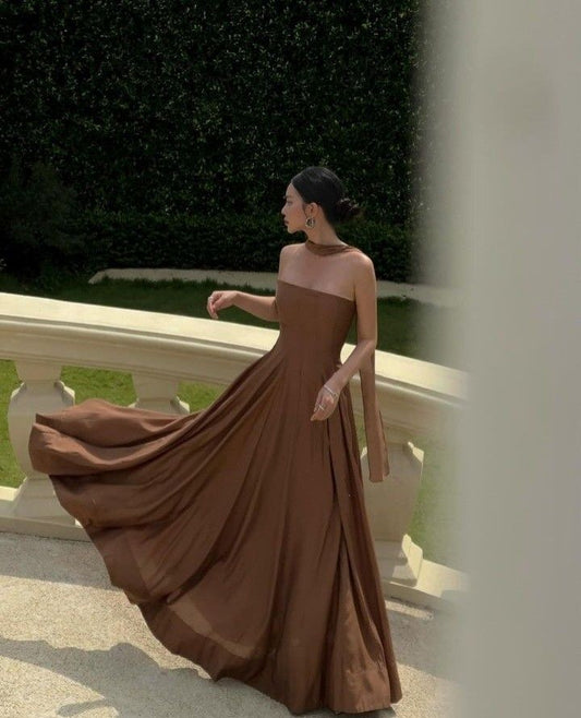 Simple A line Strapless Brown Prom Dresses Formal Summer Wedding Guest Dresses Wedding Guest Outfits DP2216