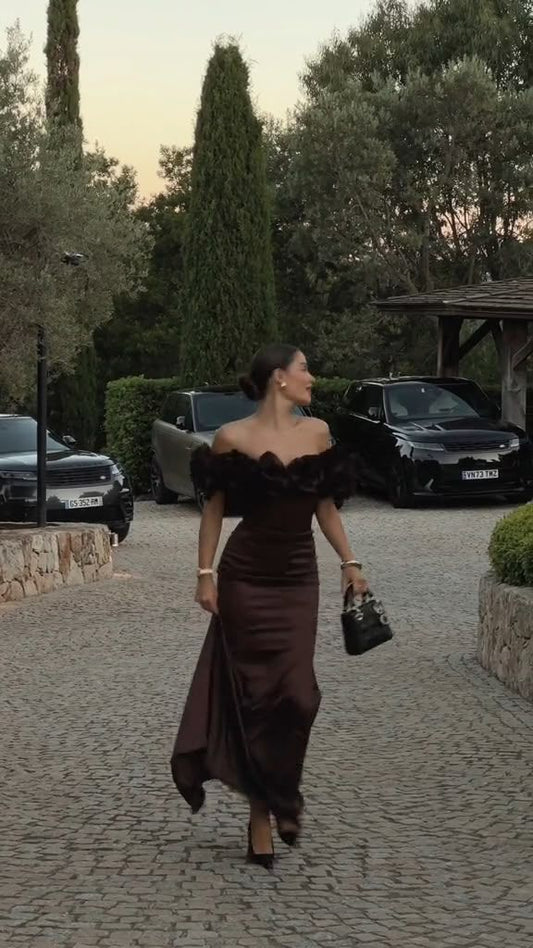 Sexy Sheath Off The Shoulder Brown Satin Prom Dresses Formal Summer Wedding Guest Dresses Wedding Guest Outfit DP2222