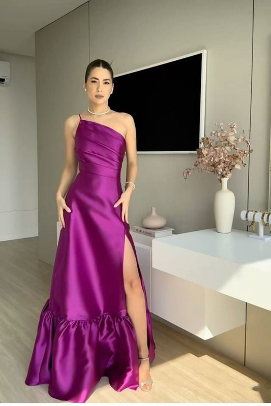 Classy A line One Shoulder Satin Prom Dresses Formal Summer Wedding Guest Dresses Wedding Guest Outfit DP2224