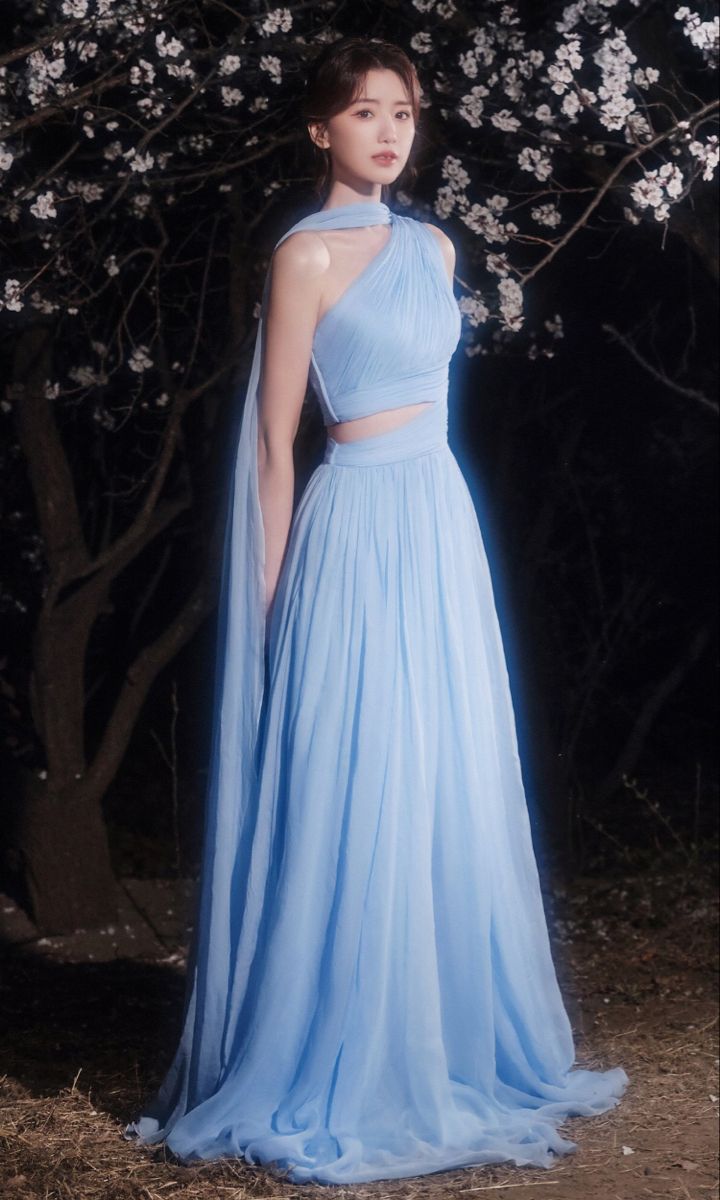 Classy A line One Shoulder Blue Chiffon Prom Dresses Formal Summer Wedding Guest Dresses Wedding Guest Outfit DP2225