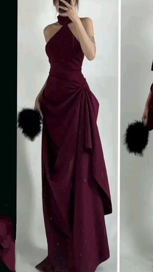 Pretty A line High Neck Burgundy Chiffon Night Dinner Evening Dresses Formal Summer Wedding Guest Dresses Wedding Guest Outfits DP2235