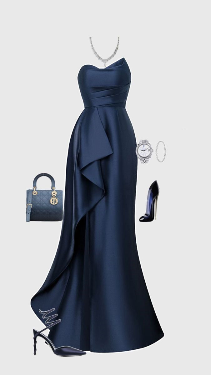 Elegant Mermaid Sweetheart Navy Blue Satin Prom Dresses Formal Summer Wedding Guest Dress Wedding Guest Outfits DP2246