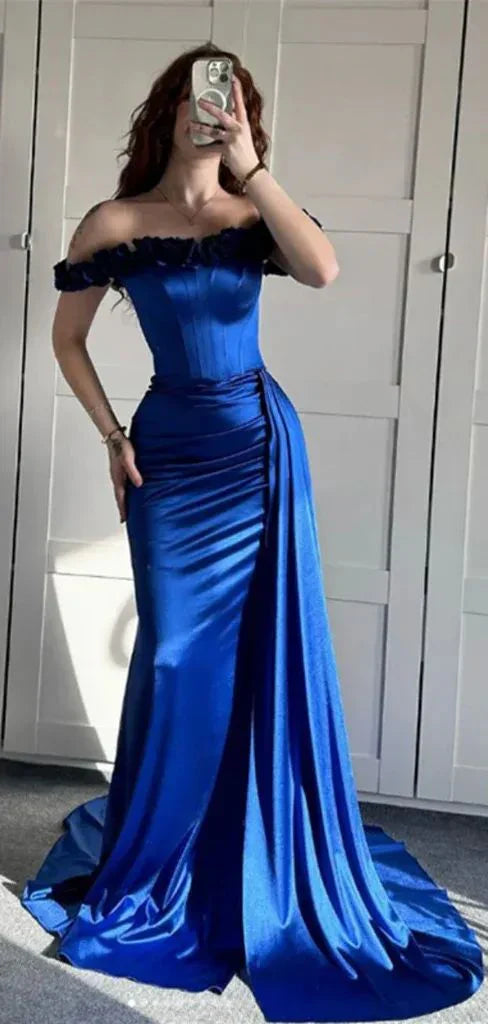 Sexy Mermaid Off The Shoulder Royal Blue Satin Prom Dresses Formal Summer Wedding Guest Dresses Wedding Guest Outfits DP2247