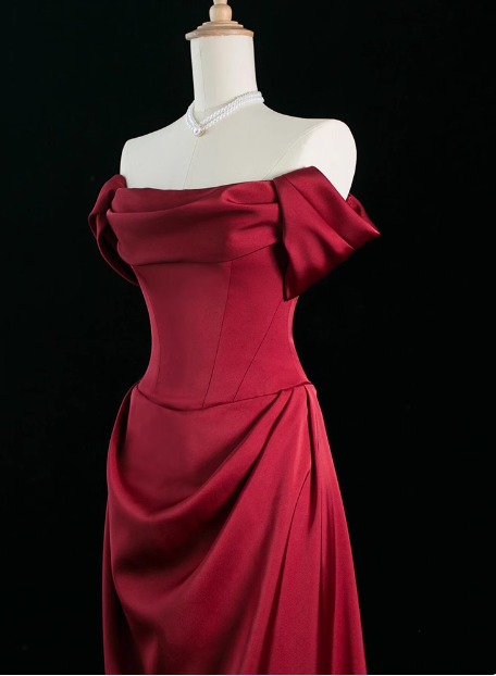 Elegant A line Off The Shoulder Burgundy Satin Prom Dresses Formal Summer Wedding Guest Dresses Wedding Guest Outfits DP2248