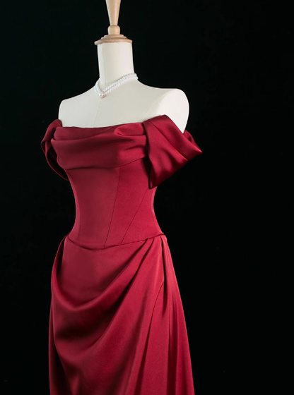 Elegant A line Off The Shoulder Burgundy Satin Prom Dresses Formal Summer Wedding Guest Dresses Wedding Guest Outfits DP2248