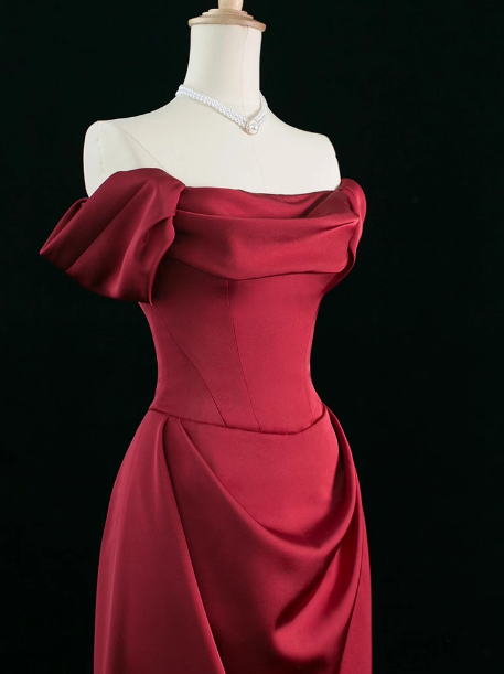 Elegant A line Off The Shoulder Burgundy Satin Prom Dresses Formal Summer Wedding Guest Dresses Wedding Guest Outfits DP2248