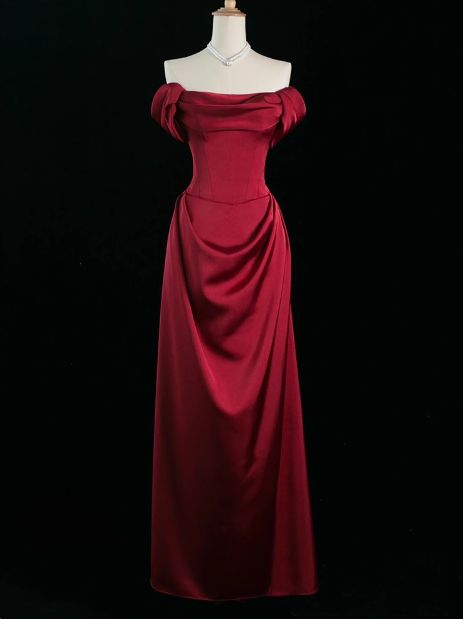 Elegant A line Off The Shoulder Burgundy Satin Prom Dresses Formal Summer Wedding Guest Dresses Wedding Guest Outfits DP2248