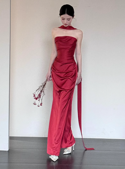 Gorgeous Sheath Strapless Burgundy Satin Prom Dresses Formal Summer Wedding Guest Dresses Wedding Guest Outfits With Scarf DP2249