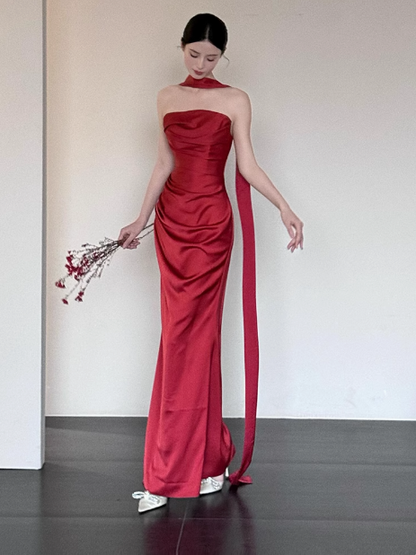 Gorgeous Sheath Strapless Burgundy Satin Prom Dresses Formal Summer Wedding Guest Dresses Wedding Guest Outfits With Scarf DP2249