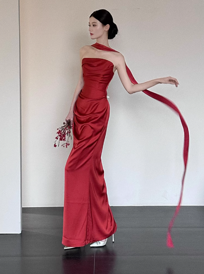 Gorgeous Sheath Strapless Burgundy Satin Prom Dresses Formal Summer Wedding Guest Dresses Wedding Guest Outfits With Scarf DP2249