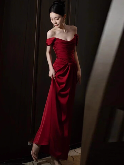Elegant A line Off The Shoulder Burgundy Satin Prom Dresses Formal Summer Wedding Guest Dresses Wedding Guest Outfits DP2253