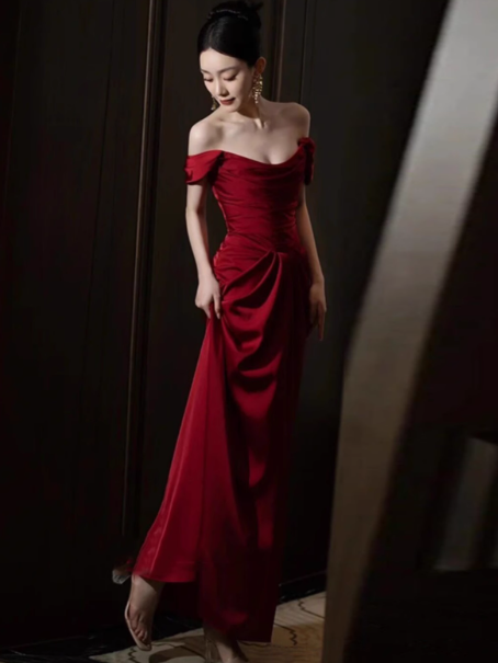 Elegant A line Off The Shoulder Burgundy Satin Prom Dresses Formal Summer Wedding Guest Dresses Wedding Guest Outfits DP2253