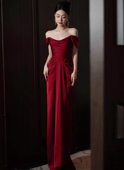 Elegant A line Off The Shoulder Burgundy Satin Prom Dresses Formal Summer Wedding Guest Dresses Wedding Guest Outfits DP2253