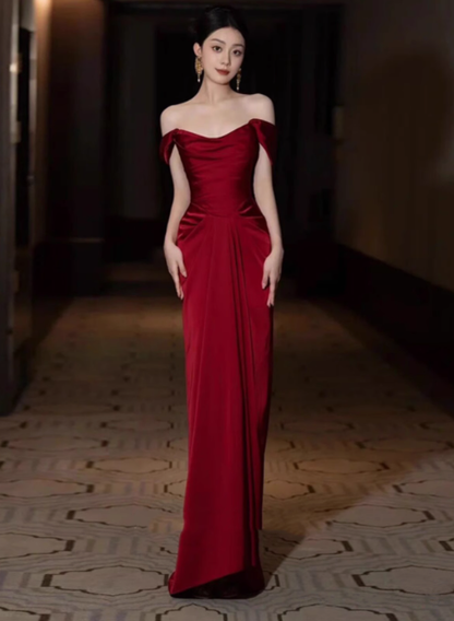 Elegant A line Off The Shoulder Burgundy Satin Prom Dresses Formal Summer Wedding Guest Dresses Wedding Guest Outfits DP2253