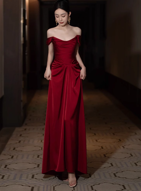 Elegant A line Off The Shoulder Burgundy Satin Prom Dresses Formal Summer Wedding Guest Dresses Wedding Guest Outfits DP2253