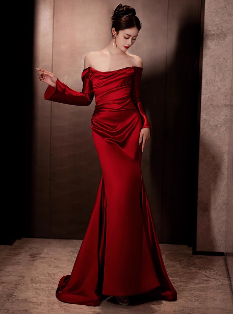 Elegant Mermaid Off The Shoulder Burgundy Satin Prom Dresses Formal Summer Wedding Guest Dresses Wedding Guest Outfits DP2255