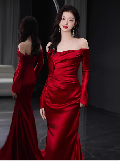Elegant Mermaid Off The Shoulder Burgundy Satin Prom Dresses Formal Summer Wedding Guest Dresses Wedding Guest Outfits DP2255