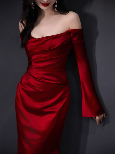 Elegant Mermaid Off The Shoulder Burgundy Satin Prom Dresses Formal Summer Wedding Guest Dresses Wedding Guest Outfits DP2255