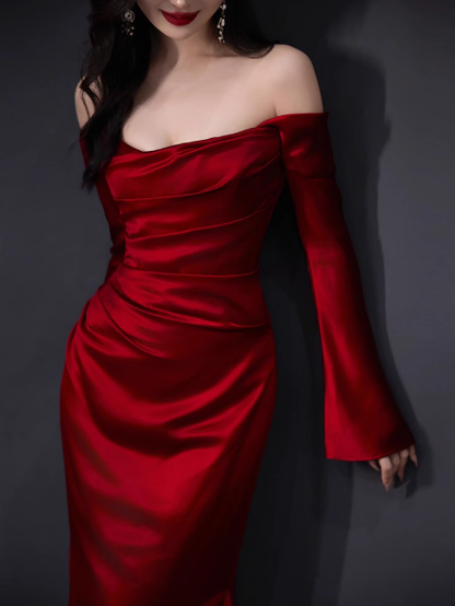 Elegant Mermaid Off The Shoulder Burgundy Satin Prom Dresses Formal Summer Wedding Guest Dresses Wedding Guest Outfits DP2255