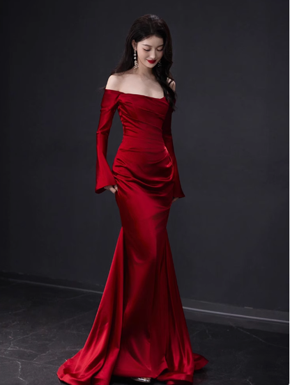 Elegant Mermaid Off The Shoulder Burgundy Satin Prom Dresses Formal Summer Wedding Guest Dresses Wedding Guest Outfits DP2255
