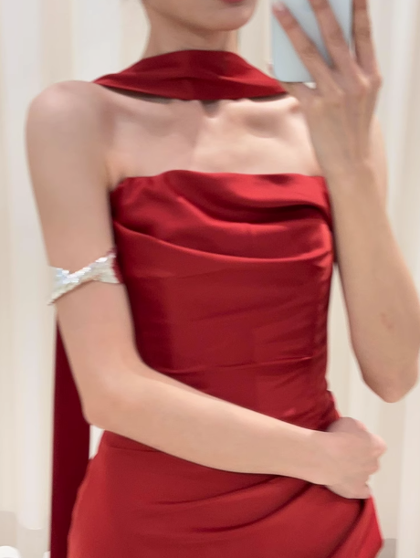 Pretty Sheath Strapless Burgundy Satin Prom Dresses Formal Summer Wedding Guest Dresses Wedding Guest Outfits With Scarf DP2258