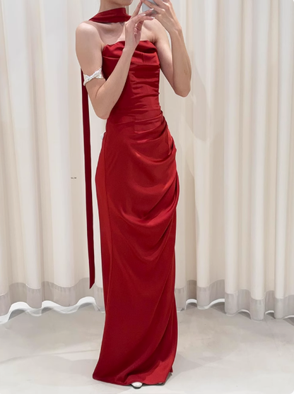Pretty Sheath Strapless Burgundy Satin Prom Dresses Formal Summer Wedding Guest Dresses Wedding Guest Outfits With Scarf DP2258