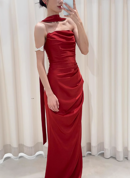 Pretty Sheath Strapless Burgundy Satin Prom Dresses Formal Summer Wedding Guest Dresses Wedding Guest Outfits With Scarf DP2258