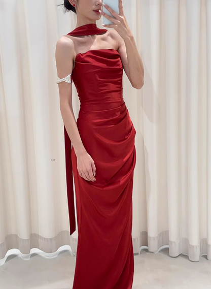 Pretty Sheath Strapless Burgundy Satin Prom Dresses Formal Summer Wedding Guest Dresses Wedding Guest Outfits With Scarf DP2258