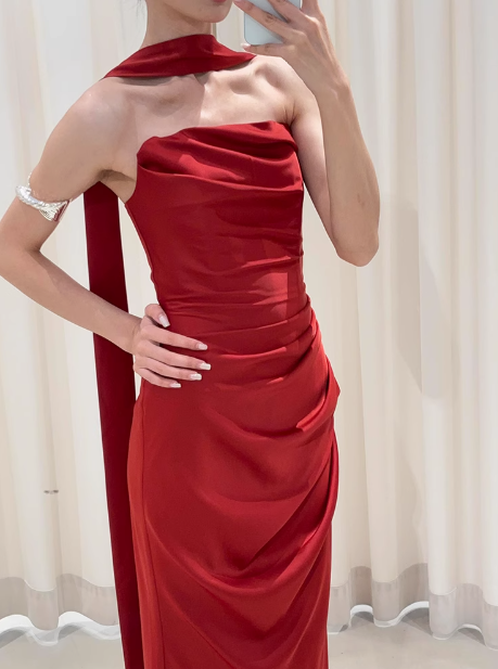 Pretty Sheath Strapless Burgundy Satin Prom Dresses Formal Summer Wedding Guest Dresses Wedding Guest Outfits With Scarf DP2258
