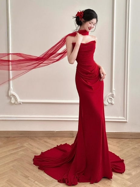 Pretty Mermaid Strapless Burgundy Satin Prom Dresses Formal Summer Wedding Guest Dresses Wedding Guest Outfits With Scarf DP2260