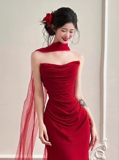 Pretty Mermaid Strapless Burgundy Satin Prom Dresses Formal Summer Wedding Guest Dresses Wedding Guest Outfits With Scarf DP2260