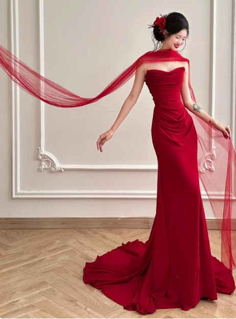 Pretty Mermaid Strapless Burgundy Satin Prom Dresses Formal Summer Wedding Guest Dresses Wedding Guest Outfits With Scarf DP2260